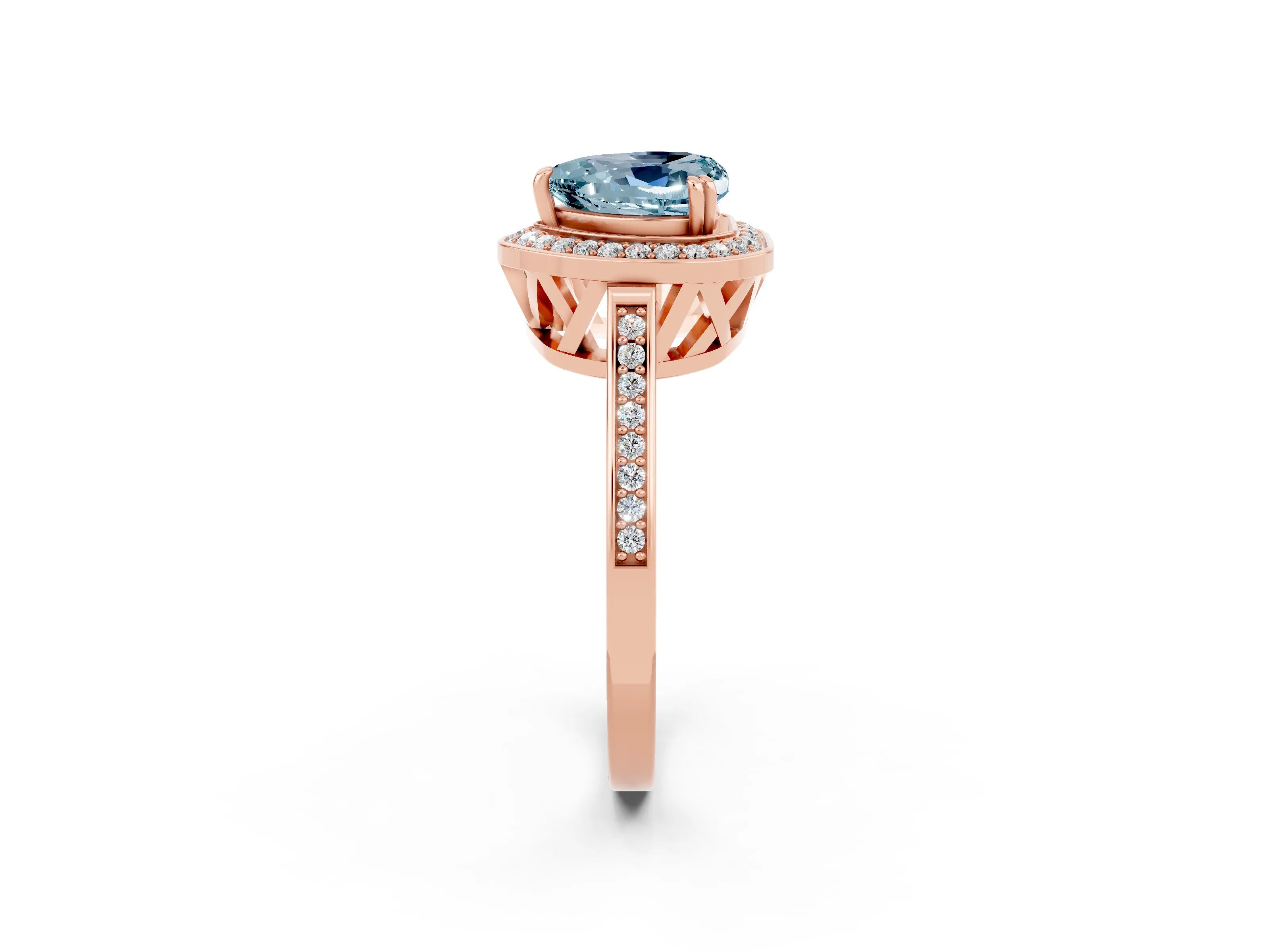 Rose gold {shape_name} Aquamarine Halo Ring with Split Shank and Four-Prong Setting_2