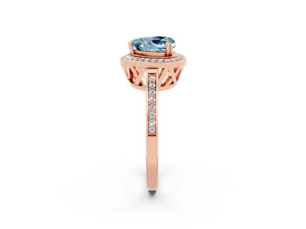 Rose gold Heart Cut Aquamarine Halo Ring with Split Shank and Four-Prong Setting