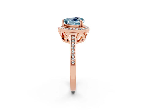 Rose gold {shape_name} Aquamarine Halo Ring with Split Shank and Four-Prong Setting_2