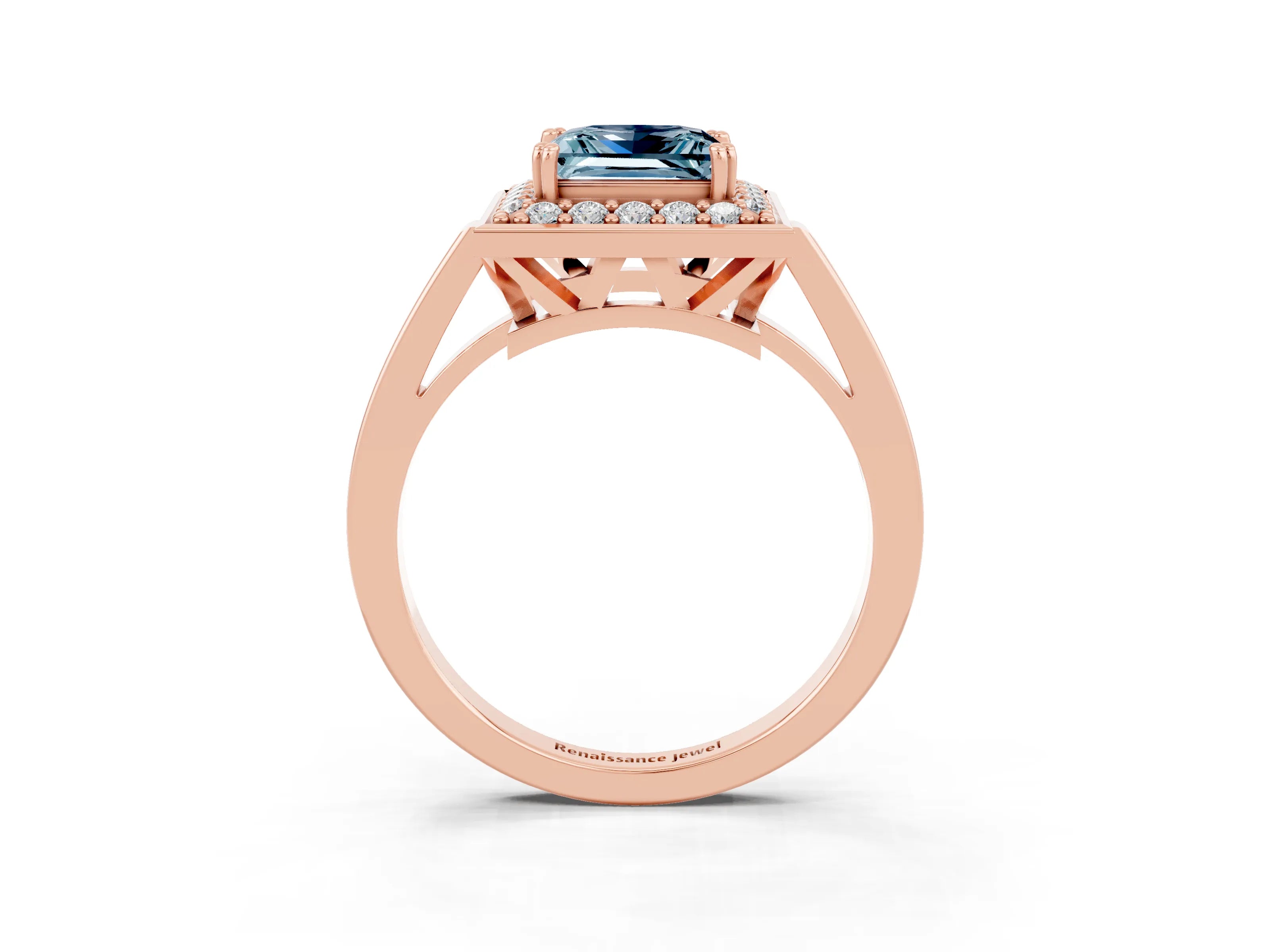 Rose gold {shape_name} Aquamarine Halo Ring with Split Shank and Four-Prong Setting_3