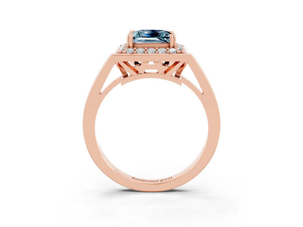 Rose gold Princess Cut Aquamarine Halo Ring with Split Shank and Four-Prong Setting