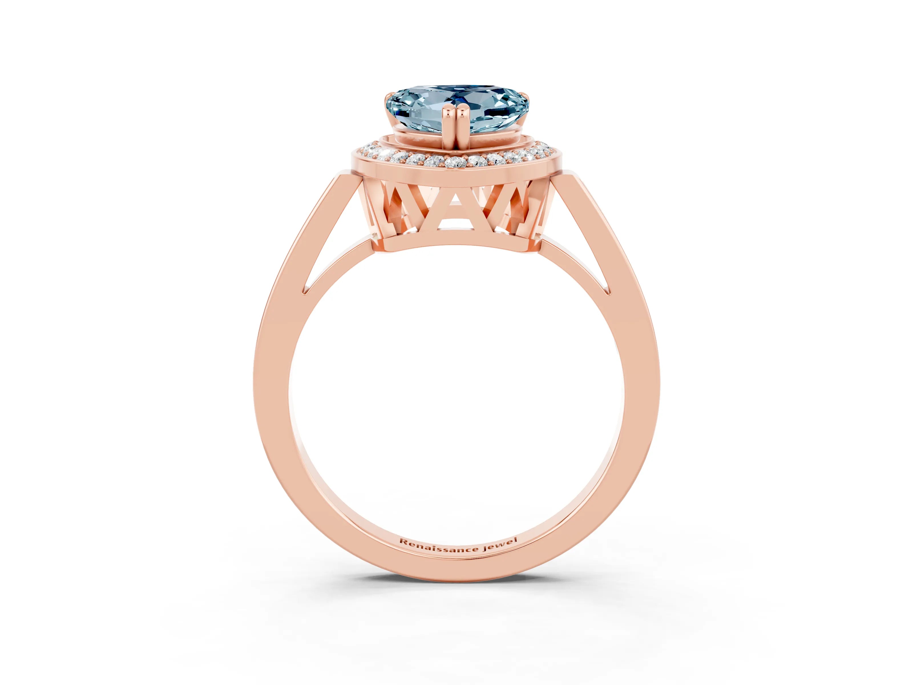 Rose gold {shape_name} Aquamarine Halo Ring with Split Shank and Four-Prong Setting_3