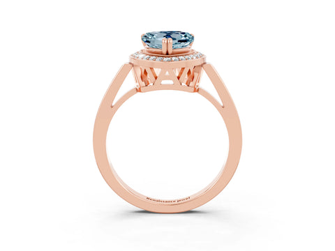 Rose gold {shape_name} Aquamarine Halo Ring with Split Shank and Four-Prong Setting_3
