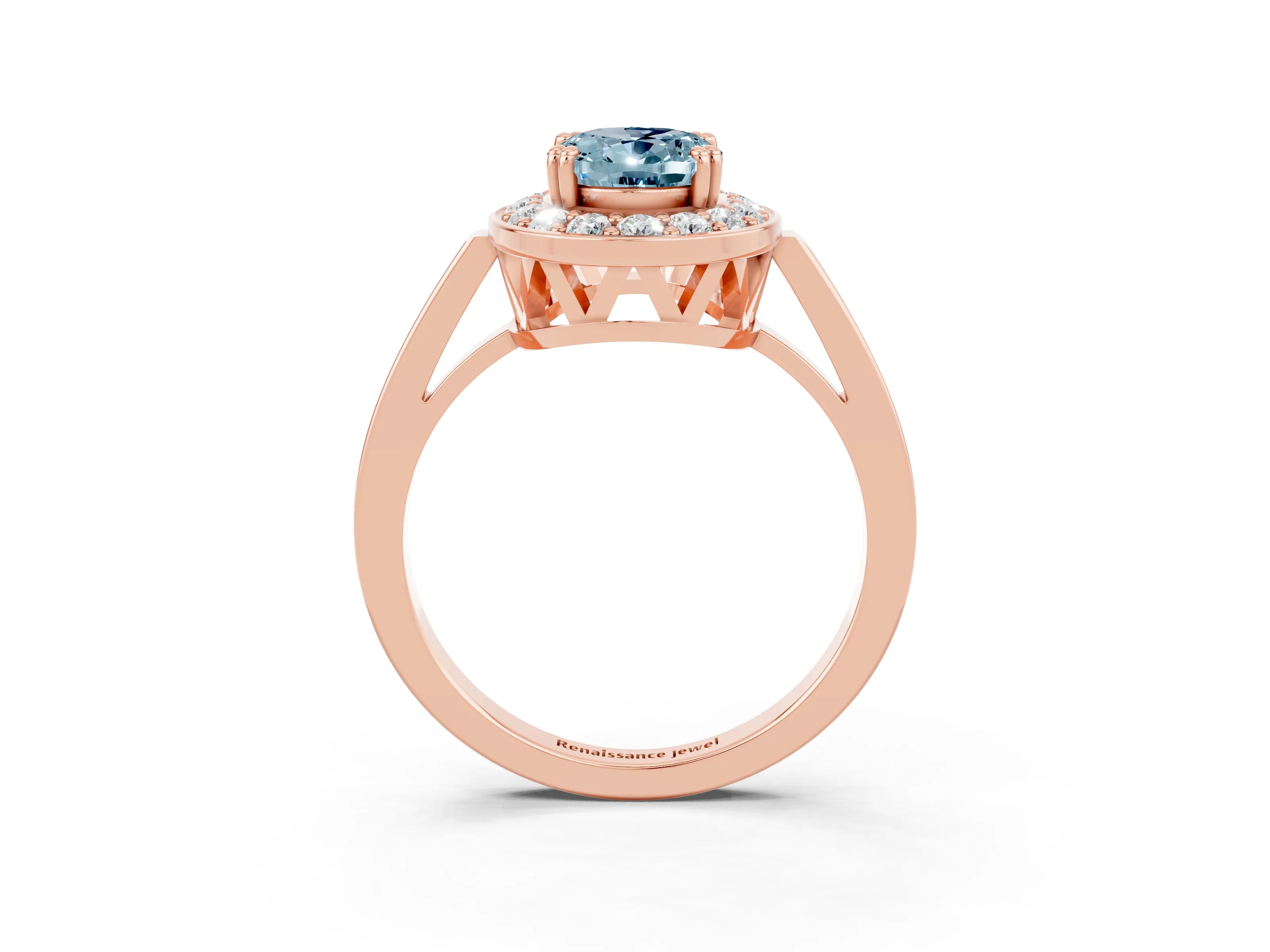 Rose gold {shape_name} Aquamarine Halo Ring with Split Shank and Four-Prong Setting_3