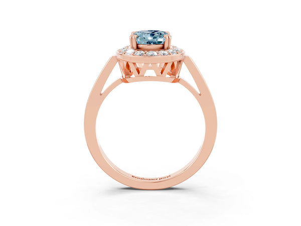 Rose gold Oval Cut Aquamarine Halo Ring with Split Shank and Four-Prong Setting