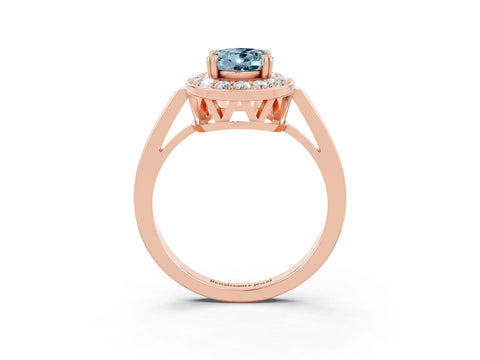 Rose gold {shape_name} Aquamarine Halo Ring with Split Shank and Four-Prong Setting_3