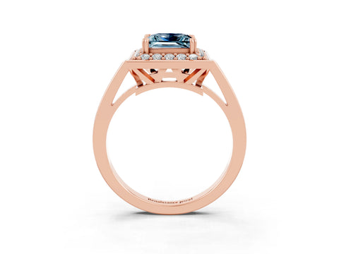 Rose gold {shape_name} Aquamarine Halo Ring with Split Shank and Four-Prong Setting_3