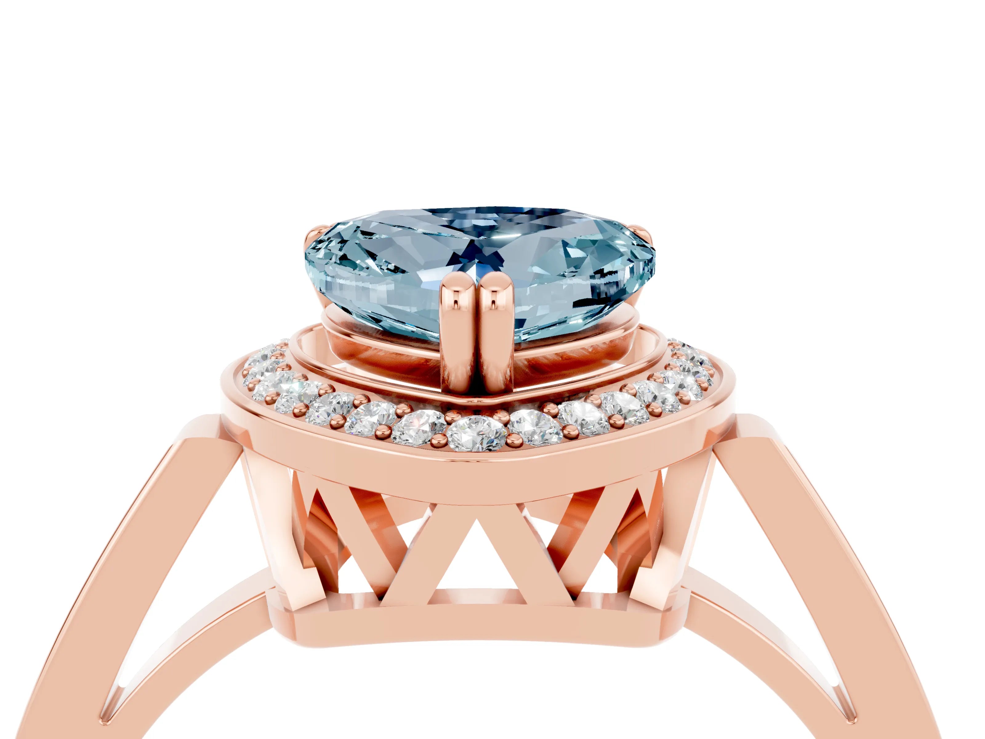 Rose gold {shape_name} Aquamarine Halo Ring with Split Shank and Four-Prong Setting_4