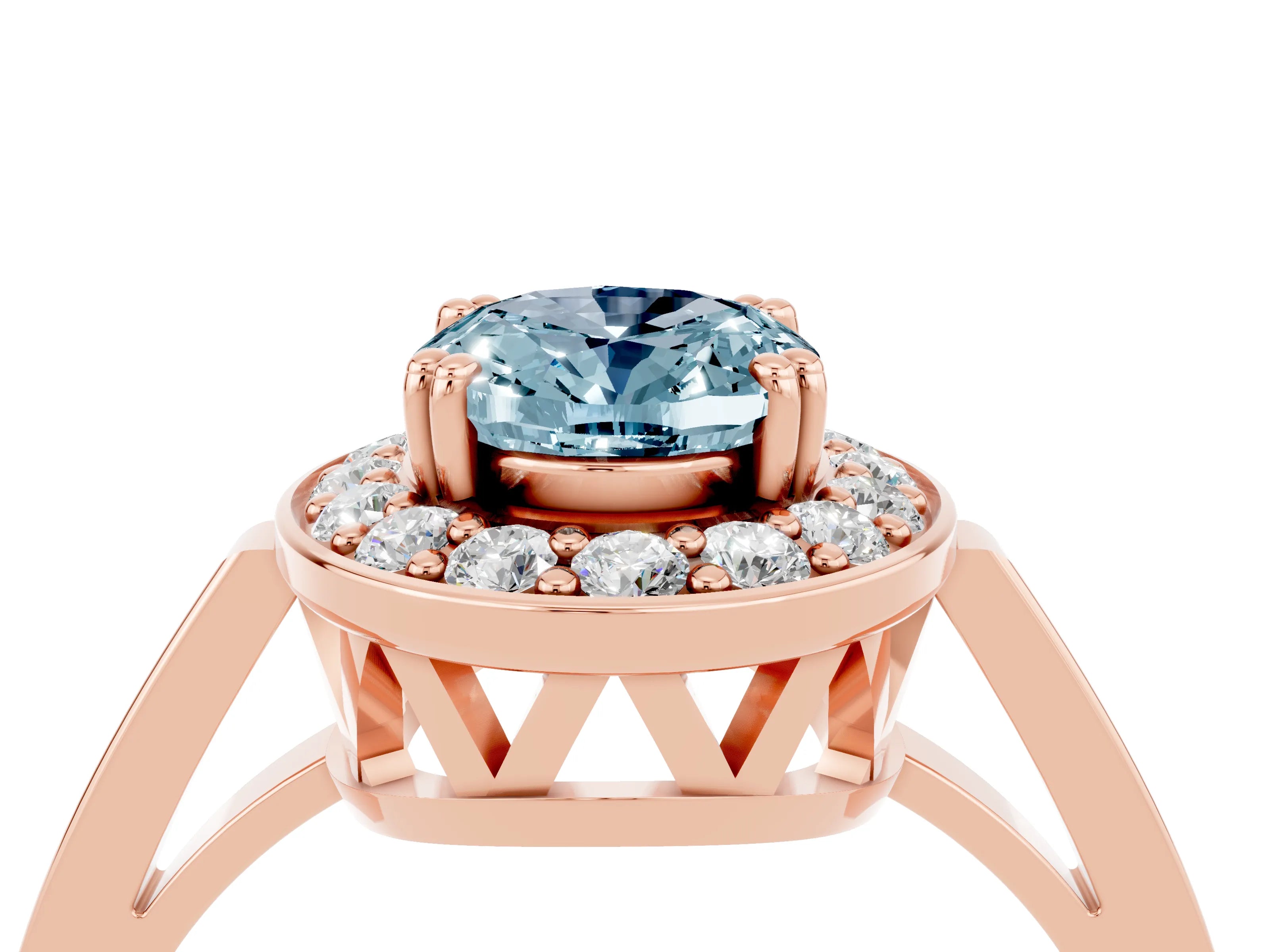Rose gold {shape_name} Aquamarine Halo Ring with Split Shank and Four-Prong Setting_4