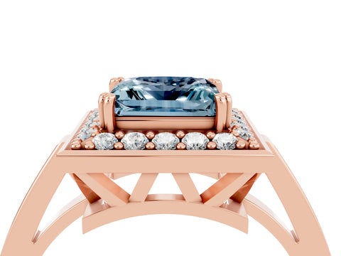 Rose gold {shape_name} Aquamarine Halo Ring with Split Shank and Four-Prong Setting_4