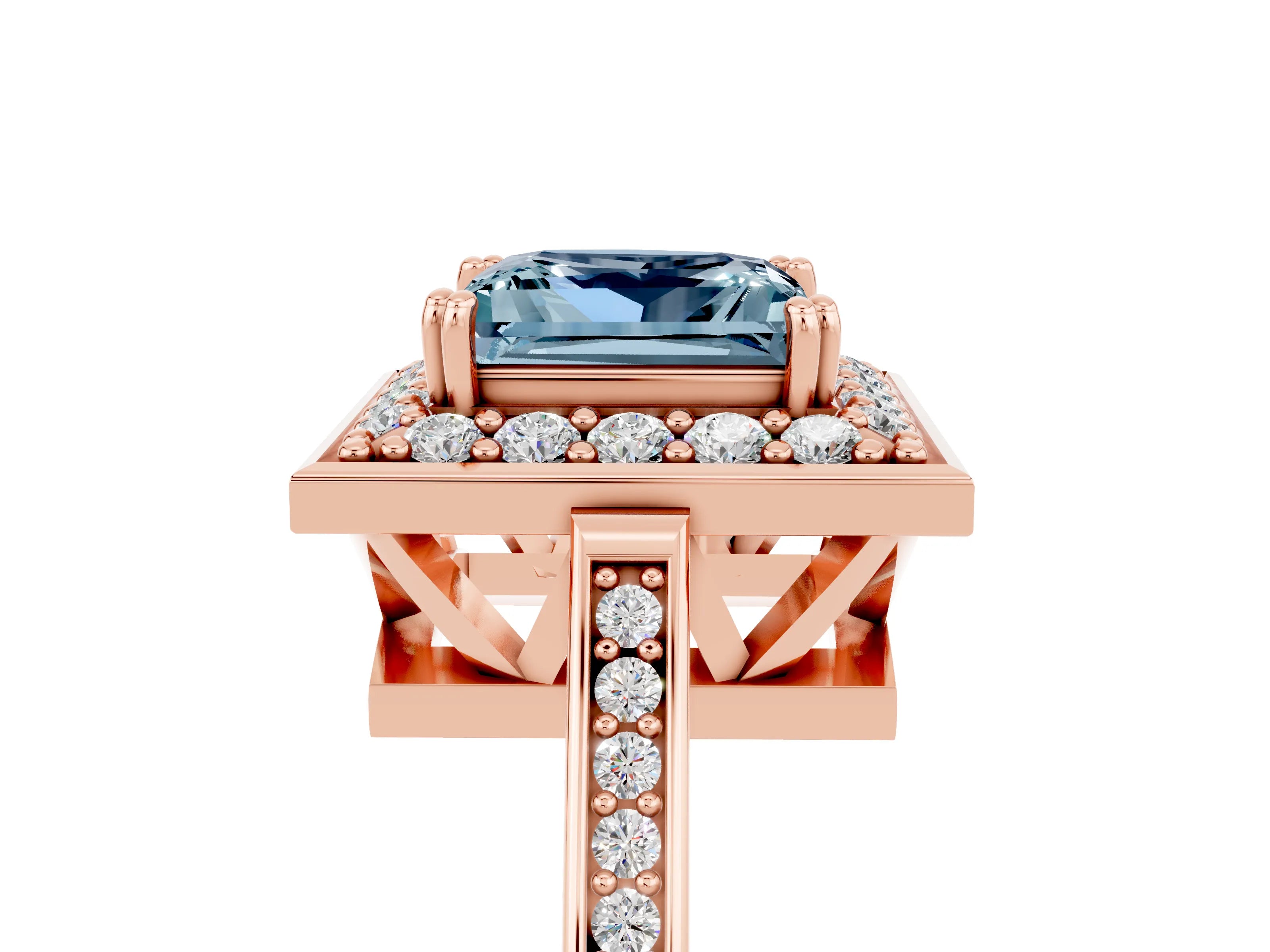 Rose gold {shape_name} Aquamarine Halo Ring with Split Shank and Four-Prong Setting_5