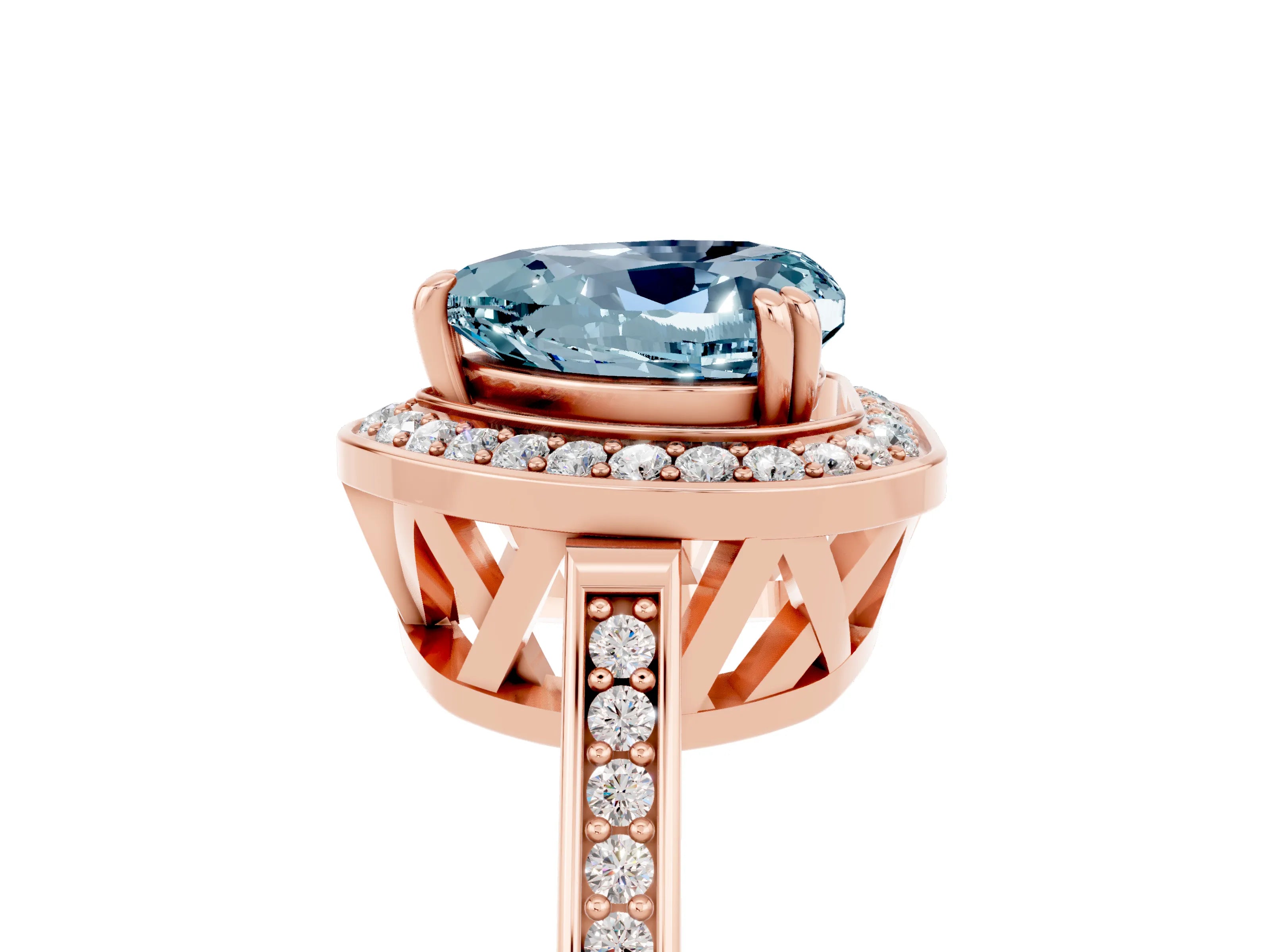 Rose gold {shape_name} Aquamarine Halo Ring with Split Shank and Four-Prong Setting_5