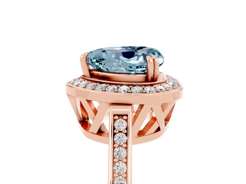 Rose gold {shape_name} Aquamarine Halo Ring with Split Shank and Four-Prong Setting_5