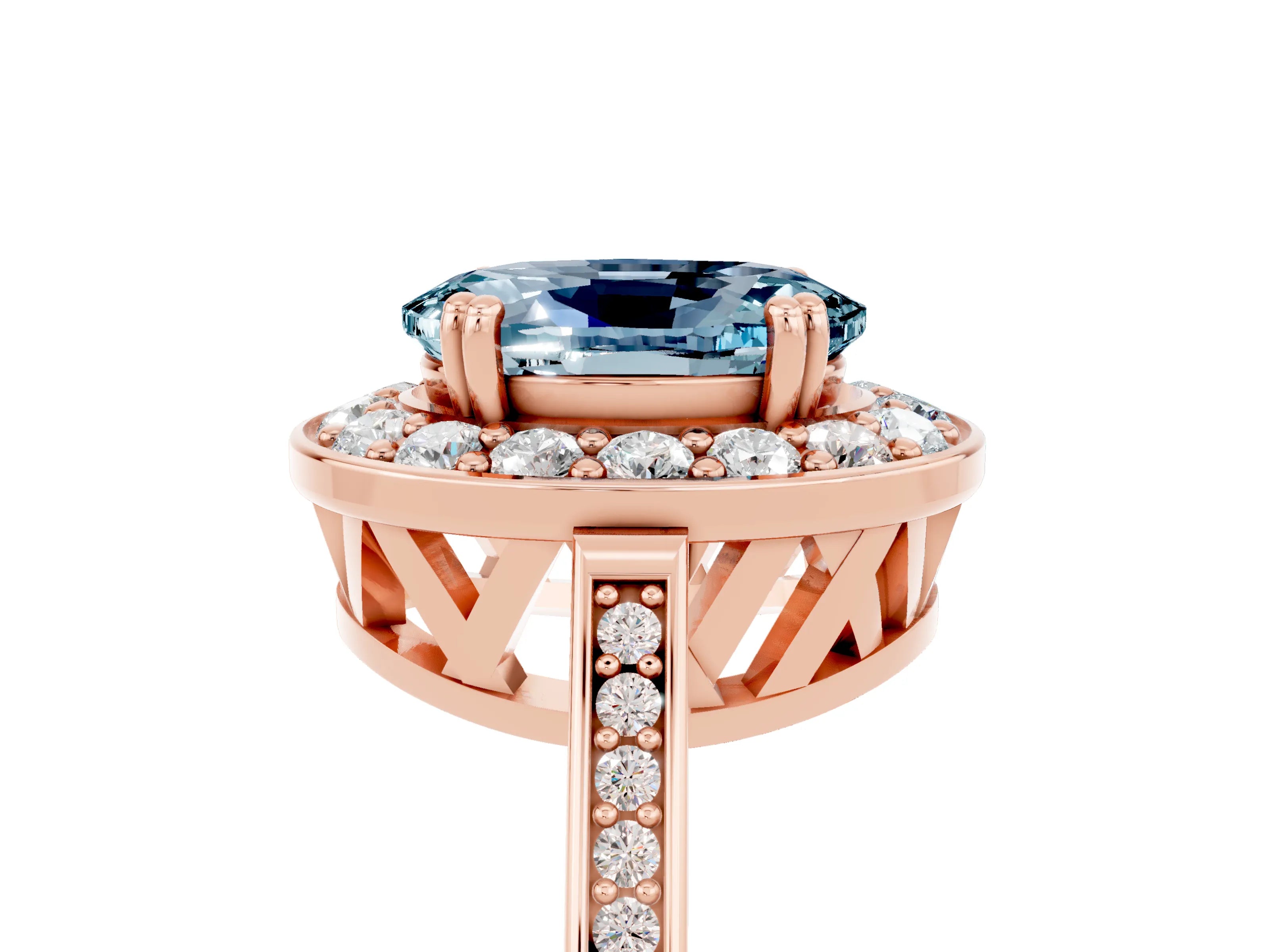 Rose gold {shape_name} Aquamarine Halo Ring with Split Shank and Four-Prong Setting_5