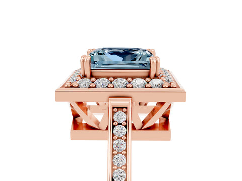 Rose gold {shape_name} Aquamarine Halo Ring with Split Shank and Four-Prong Setting_5