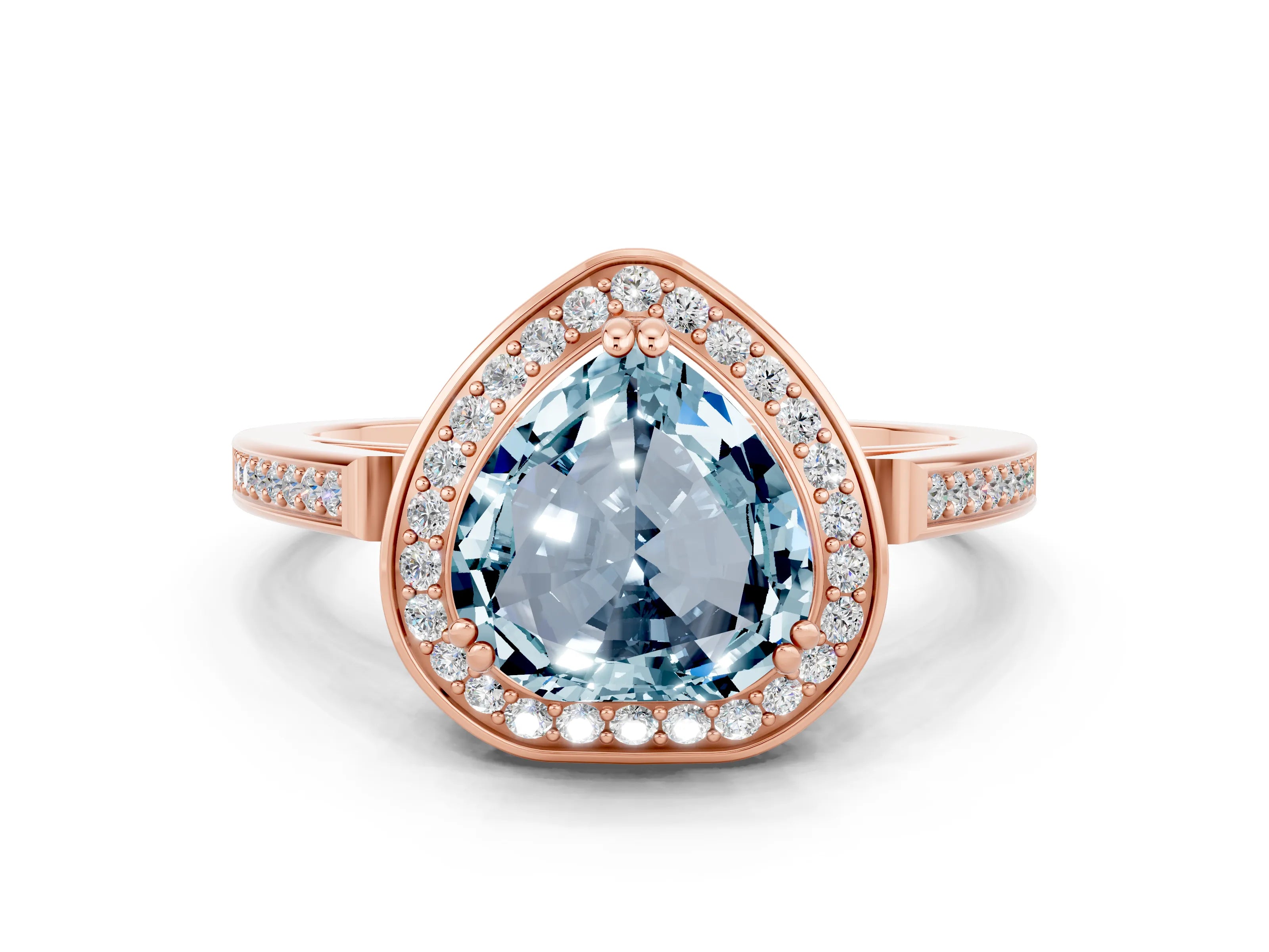 Rose gold {shape_name} Aquamarine Halo Ring with Split Shank and Four-Prong Setting