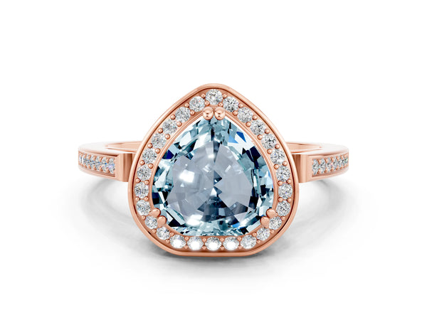 Rose gold Heart Cut Aquamarine Halo Ring with Split Shank and Four-Prong Setting