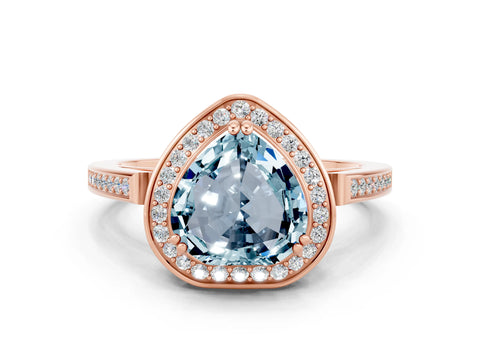 Rose gold {shape_name} Aquamarine Halo Ring with Split Shank and Four-Prong Setting
