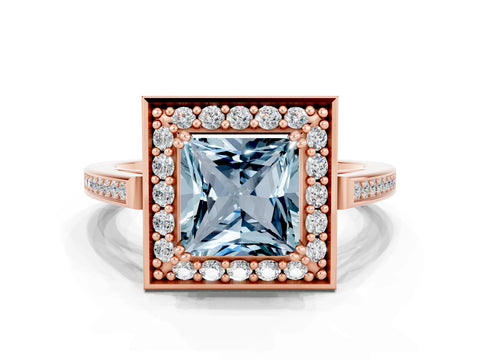 Rose gold {shape_name} Aquamarine Halo Ring with Split Shank and Four-Prong Setting