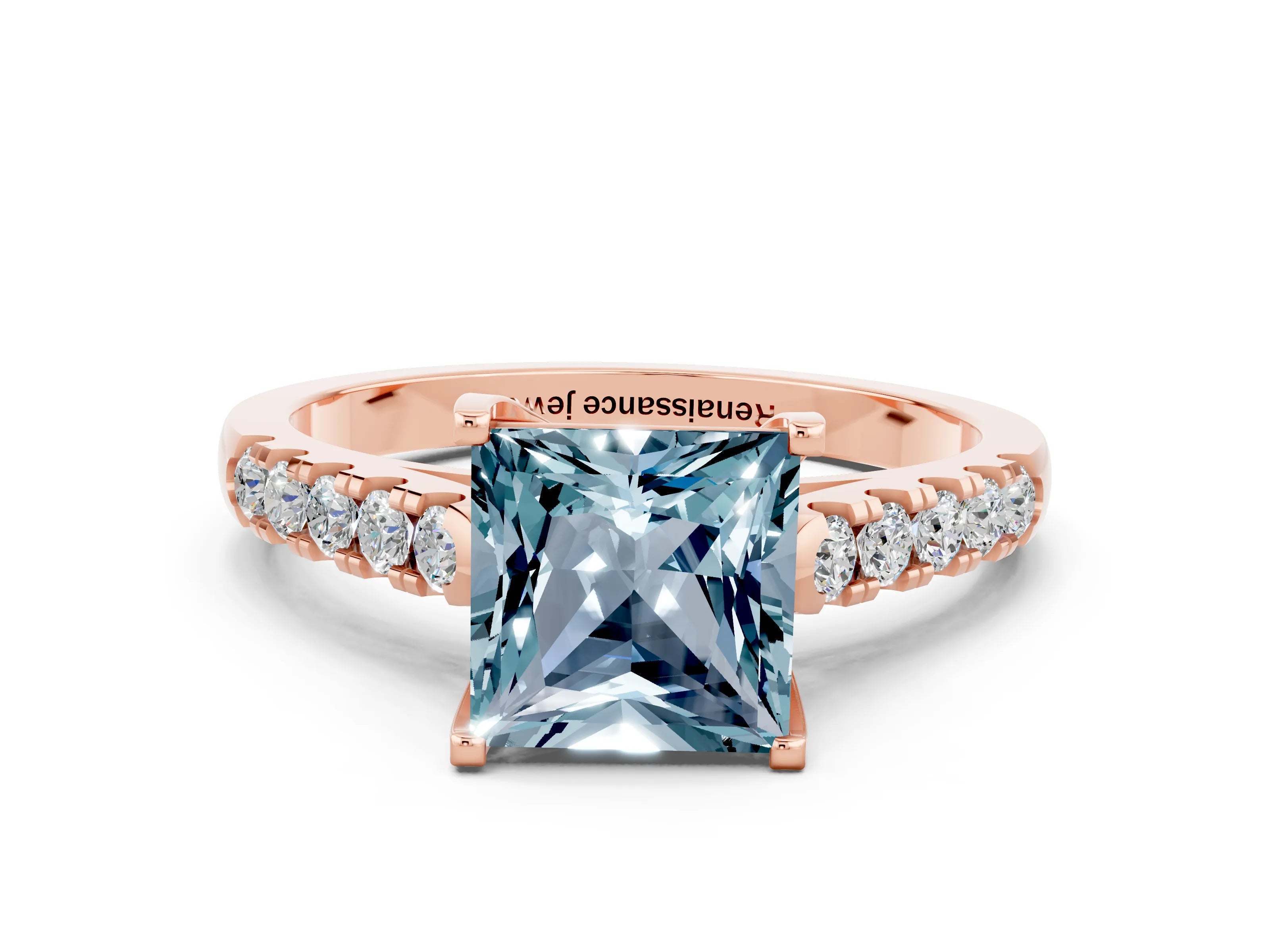 Rose gold {shape_name} Aquamarine Solitaire Ring with Pavé Band and Four-Prong Setting