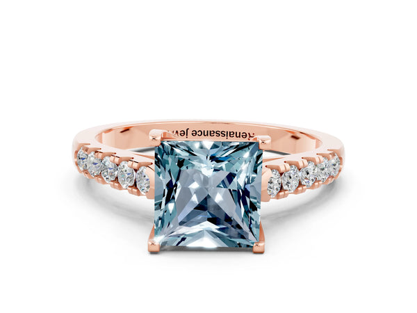 Rose gold Princess Cut Aquamarine Pavé Band Solitaire Ring with Prong Setting