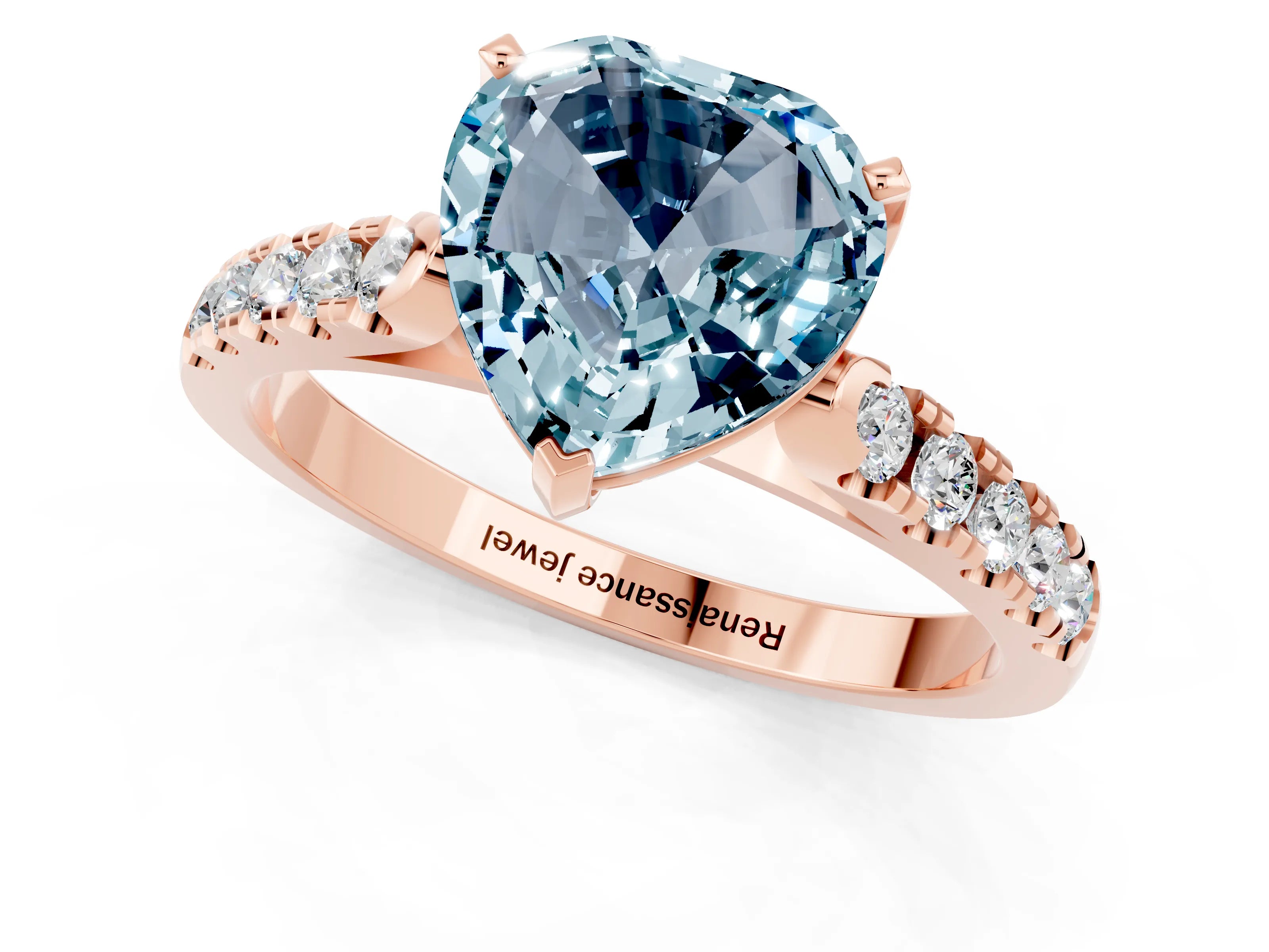 Rose gold {shape_name} Aquamarine Solitaire Ring with Pavé Band and Four-Prong Setting_1