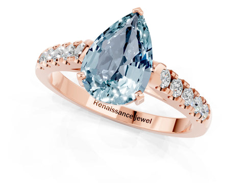 Rose gold {shape_name} Aquamarine Solitaire Ring with Pavé Band and Four-Prong Setting_1
