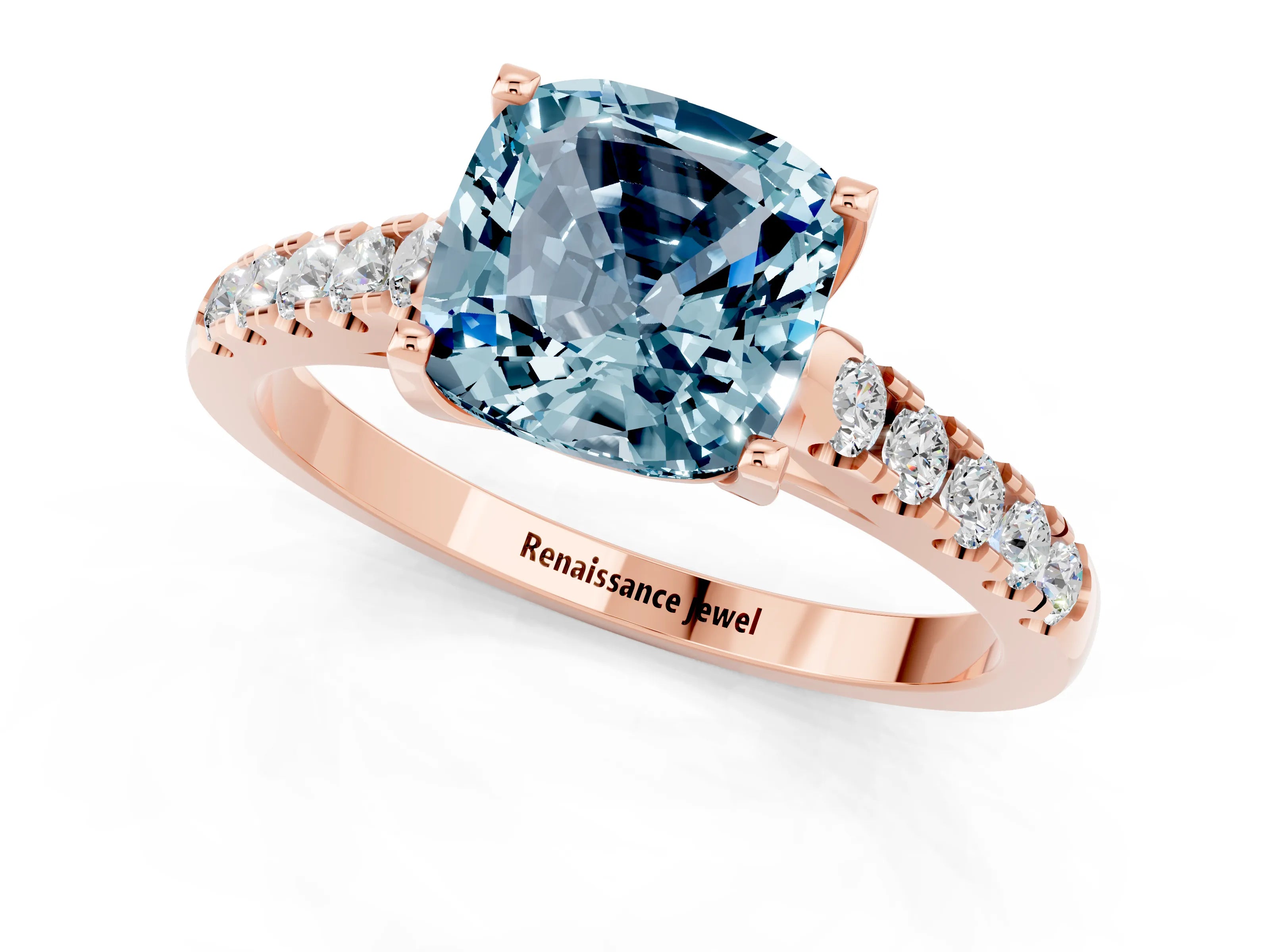 Rose gold {shape_name} Aquamarine Solitaire Ring with Pavé Band and Four-Prong Setting_1