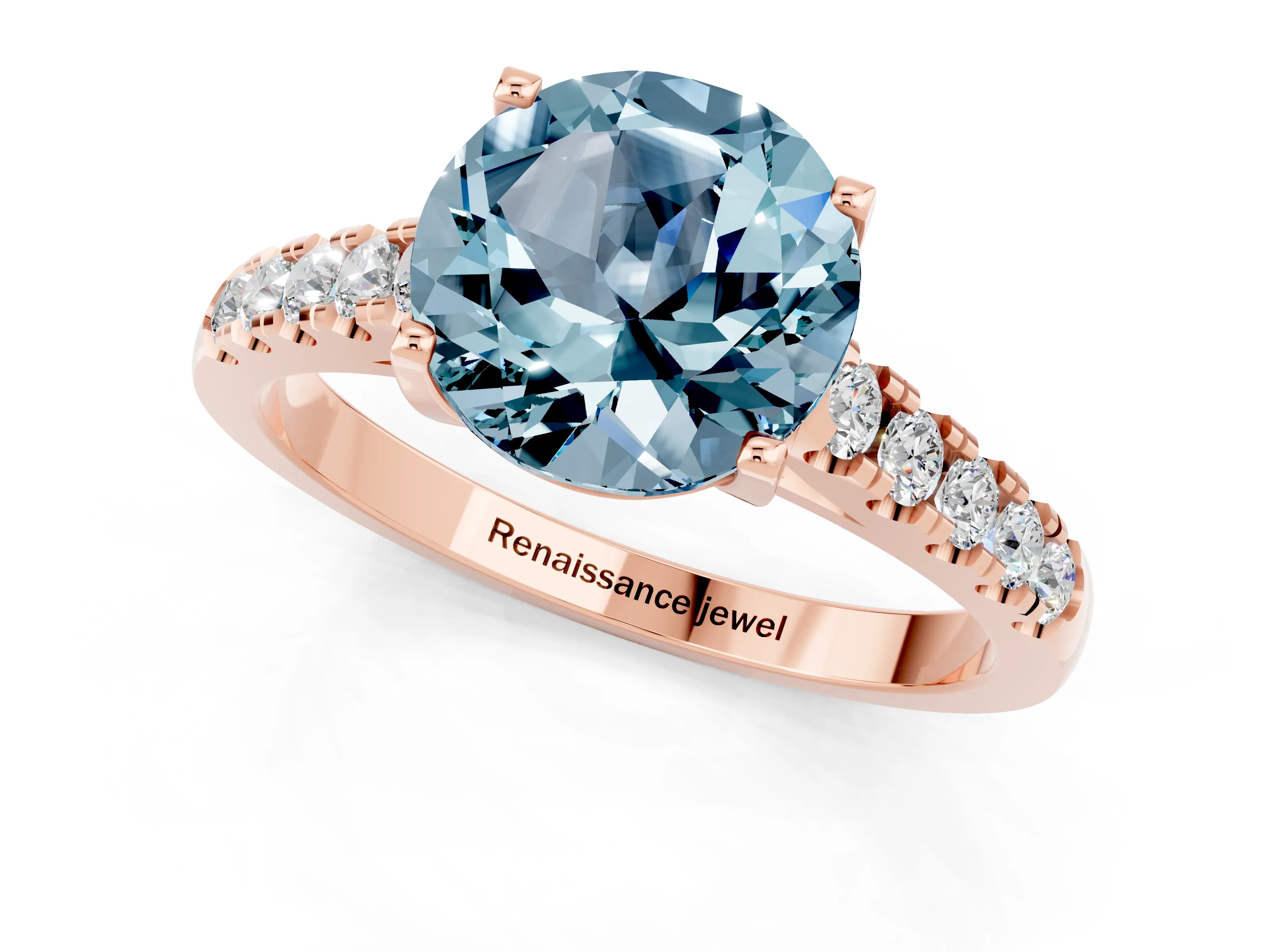 Rose gold {shape_name} Aquamarine Solitaire Ring with Pavé Band and Four-Prong Setting_1