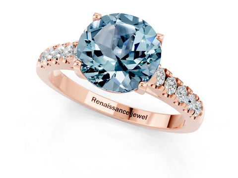 Rose gold {shape_name} Aquamarine Solitaire Ring with Pavé Band and Four-Prong Setting_1