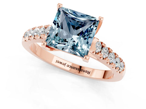 Rose gold {shape_name} Aquamarine Solitaire Ring with Pavé Band and Four-Prong Setting_1