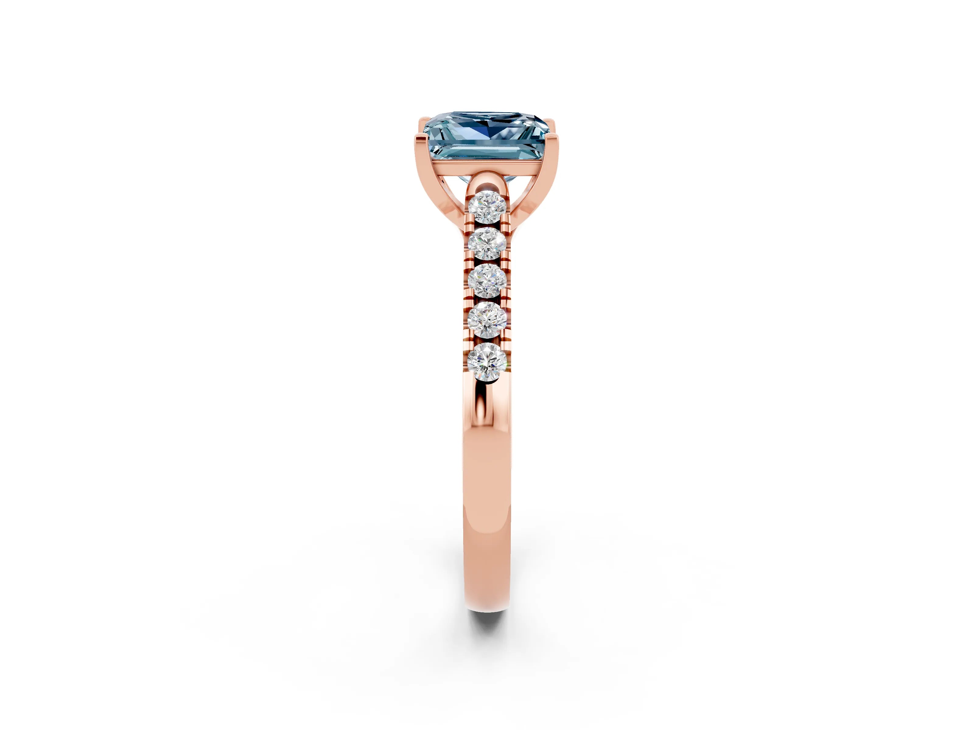 Rose gold {shape_name} Aquamarine Solitaire Ring with Pavé Band and Four-Prong Setting_2