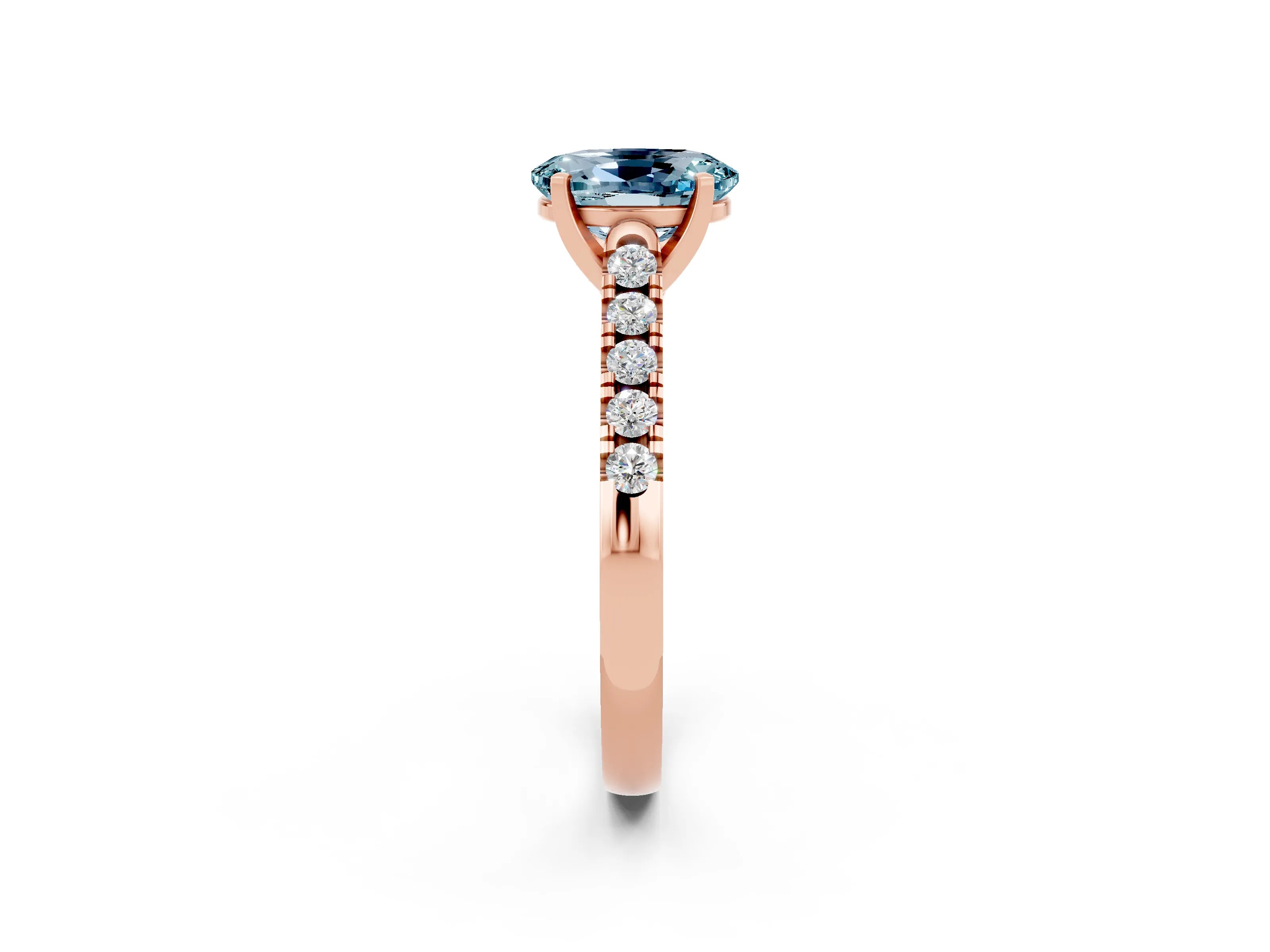 Rose gold {shape_name} Aquamarine Solitaire Ring with Pavé Band and Four-Prong Setting_2