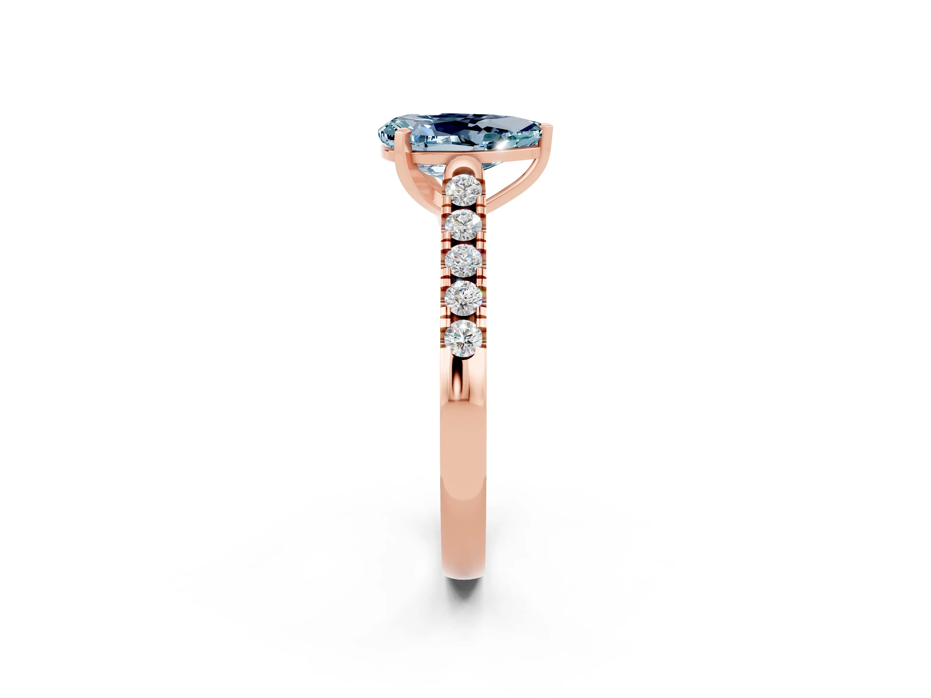 Rose gold {shape_name} Aquamarine Solitaire Ring with Pavé Band and Four-Prong Setting_2