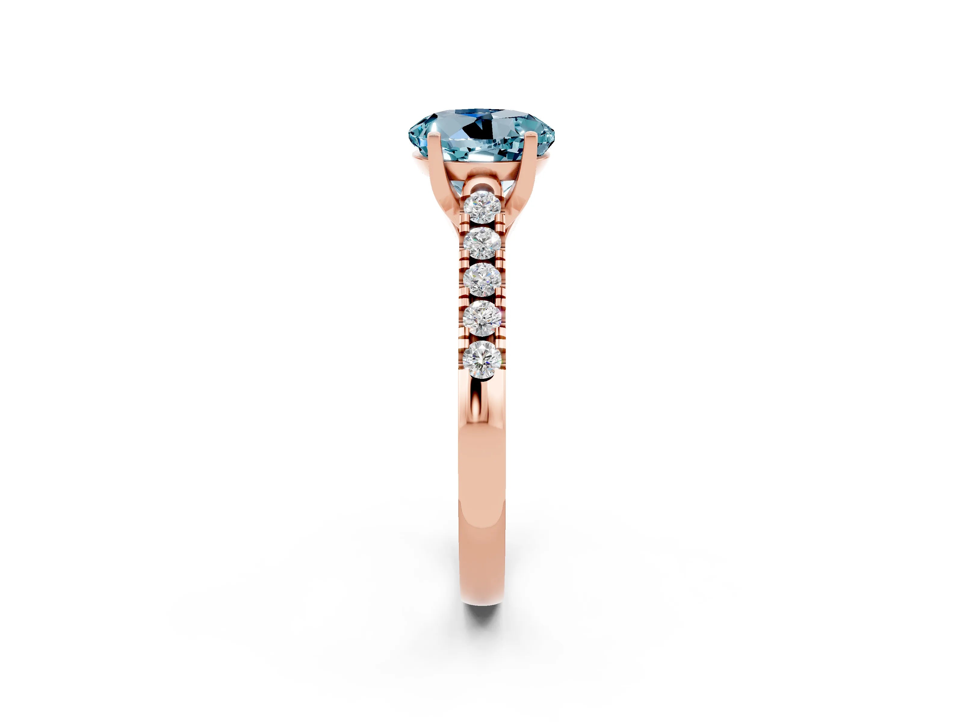 Rose gold {shape_name} Aquamarine Solitaire Ring with Pavé Band and Four-Prong Setting_2