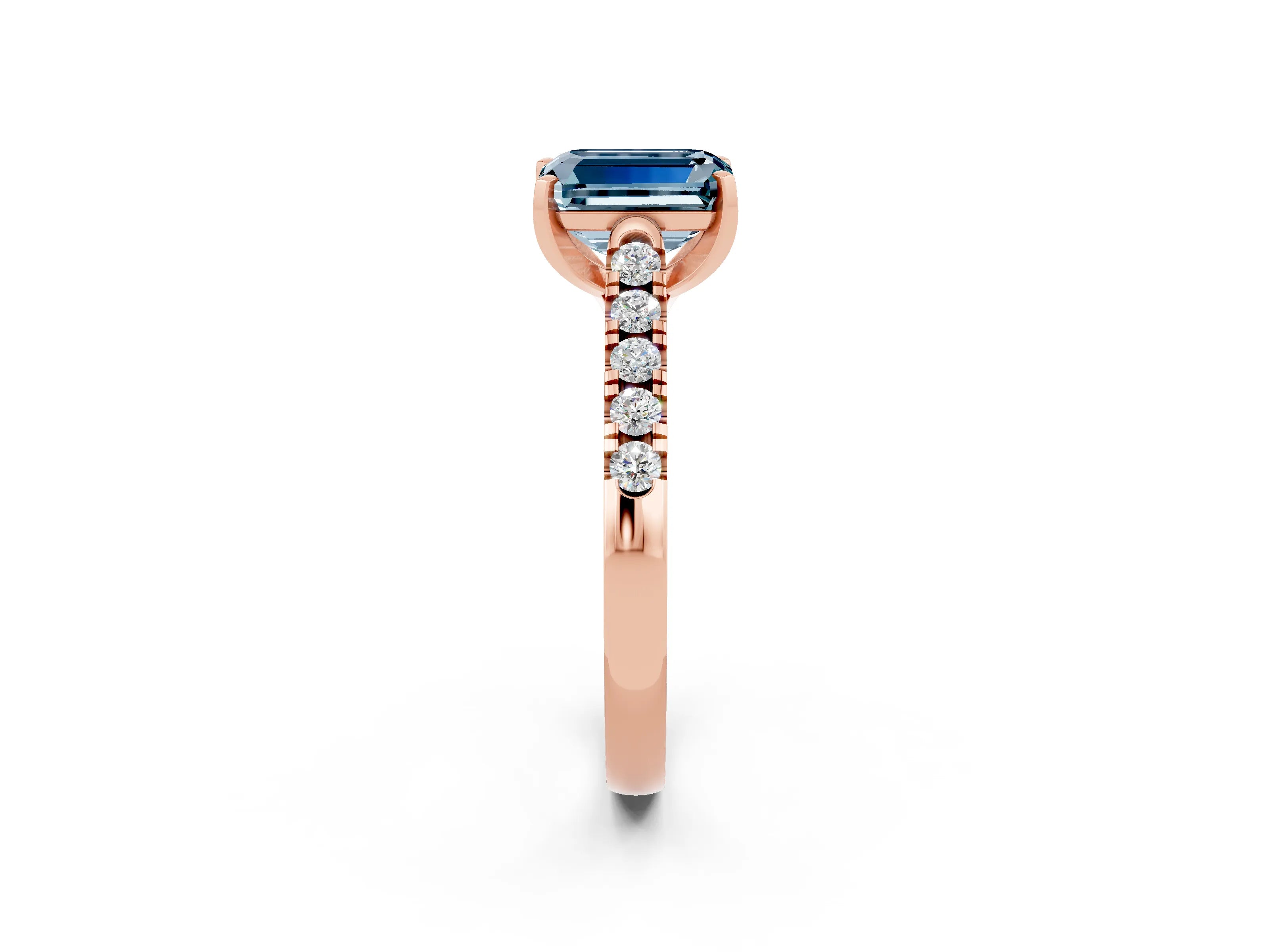 Rose gold {shape_name} Aquamarine Solitaire Ring with Pavé Band and Four-Prong Setting_2