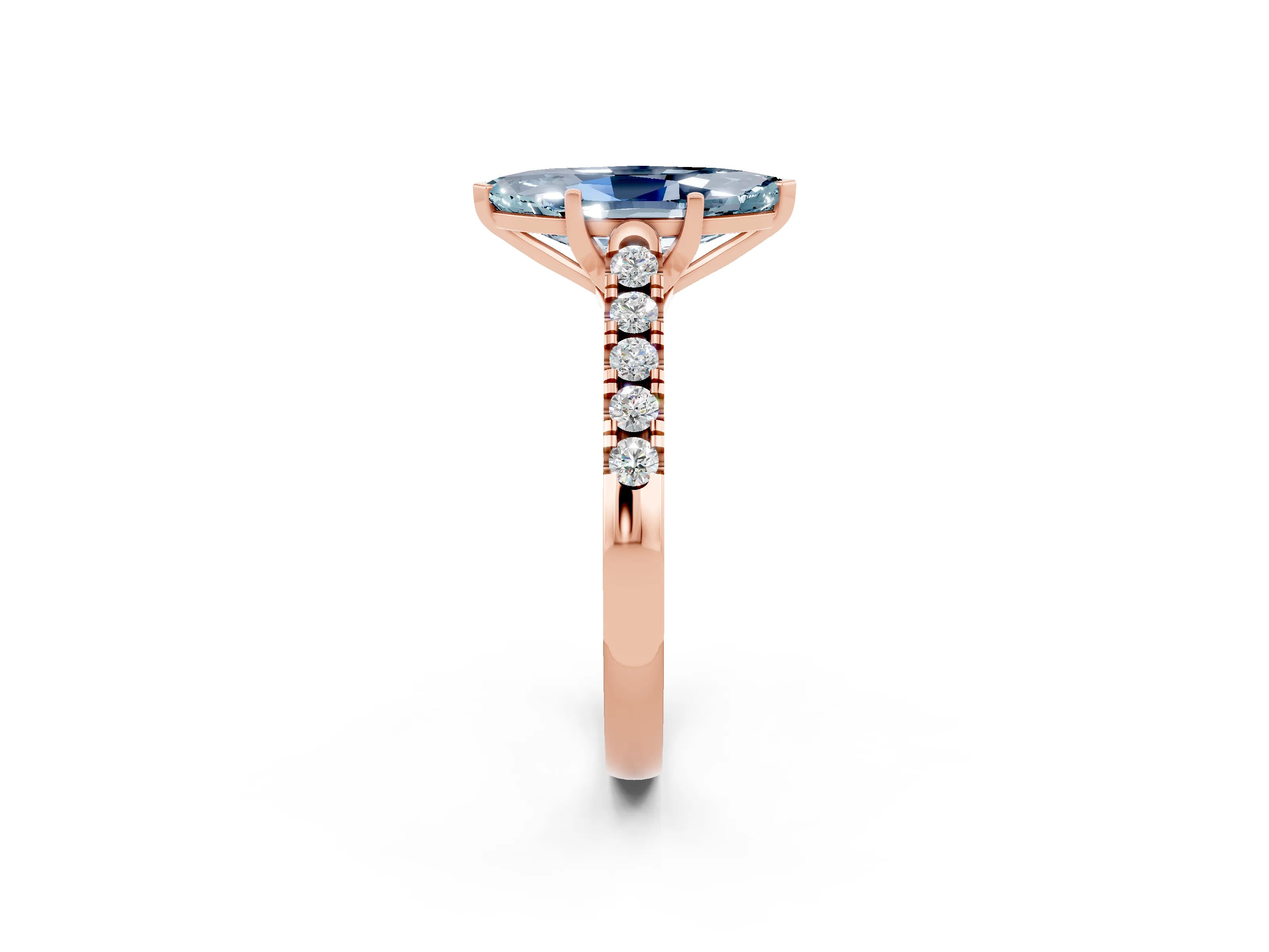 Rose gold {shape_name} Aquamarine Solitaire Ring with Pavé Band and Four-Prong Setting_2