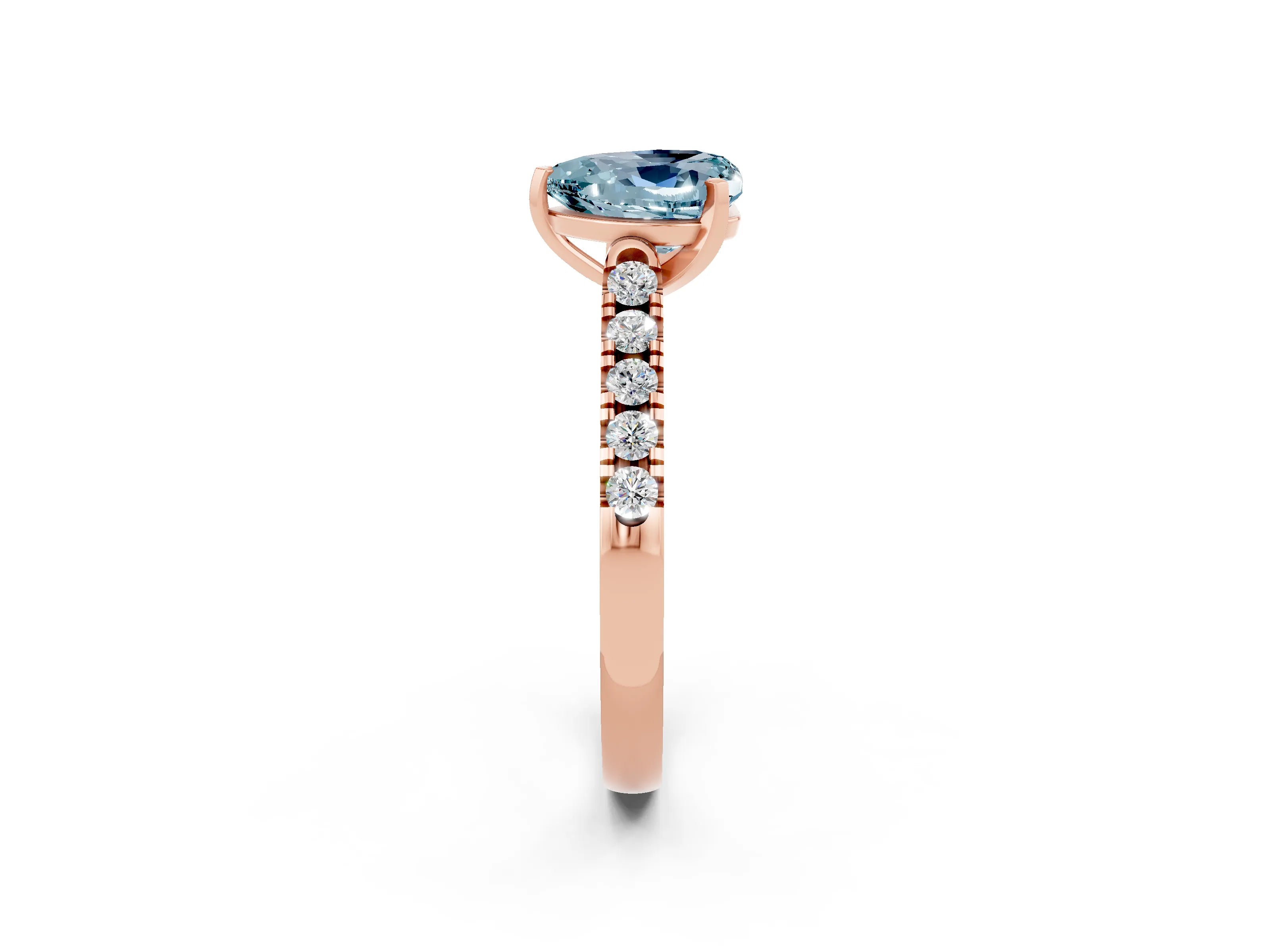 Rose gold {shape_name} Aquamarine Solitaire Ring with Pavé Band and Four-Prong Setting_2