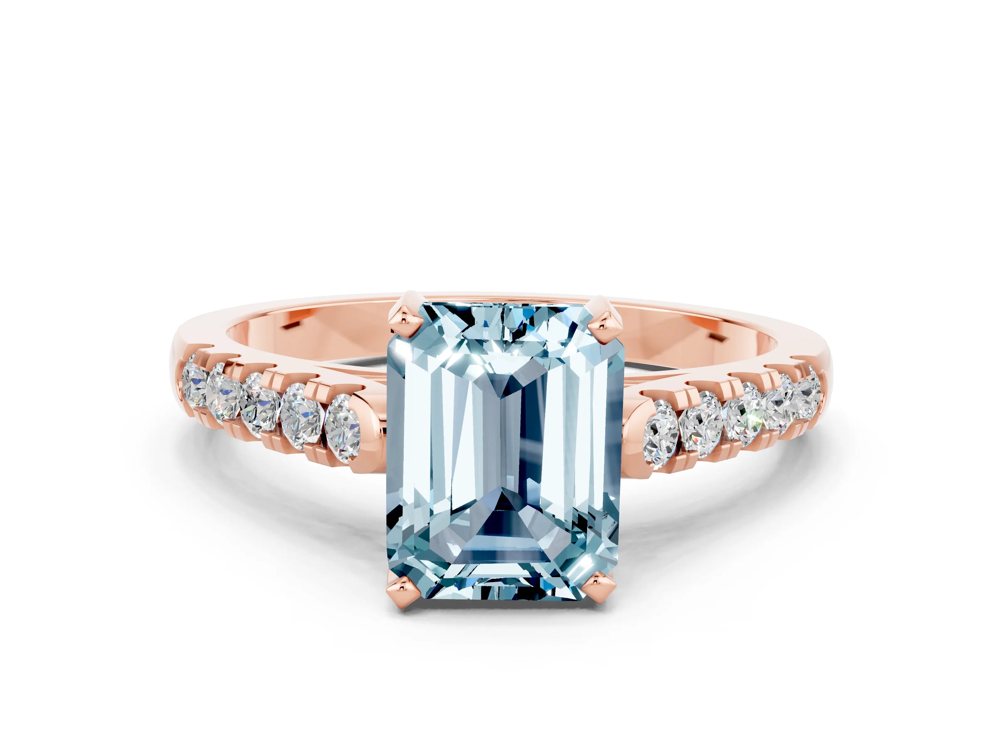 Rose gold {shape_name} Aquamarine Solitaire Ring with Pavé Band and Four-Prong Setting