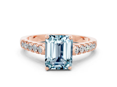 Rose gold {shape_name} Aquamarine Solitaire Ring with Pavé Band and Four-Prong Setting