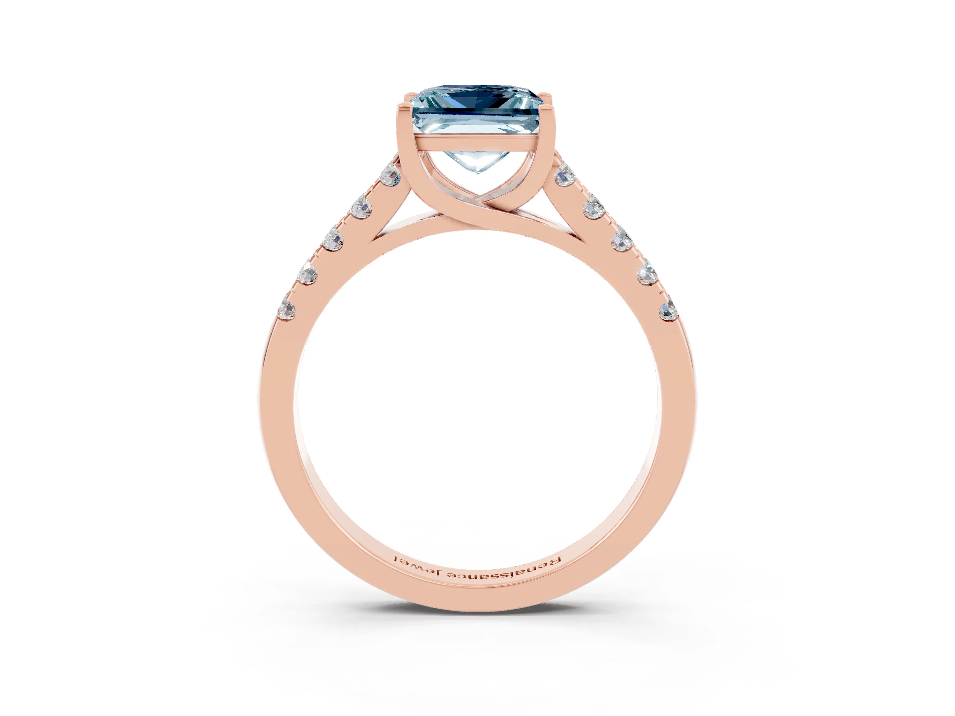 Rose gold {shape_name} Aquamarine Solitaire Ring with Pavé Band and Four-Prong Setting_3
