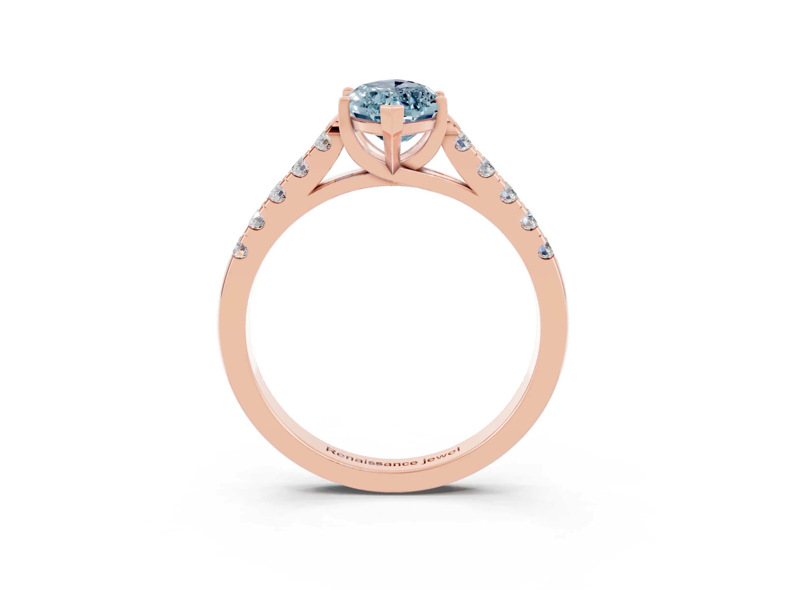 Rose gold {shape_name} Aquamarine Solitaire Ring with Pavé Band and Four-Prong Setting_3