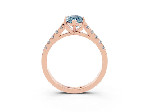 Rose gold {shape_name} Aquamarine Solitaire Ring with Pavé Band and Four-Prong Setting_3