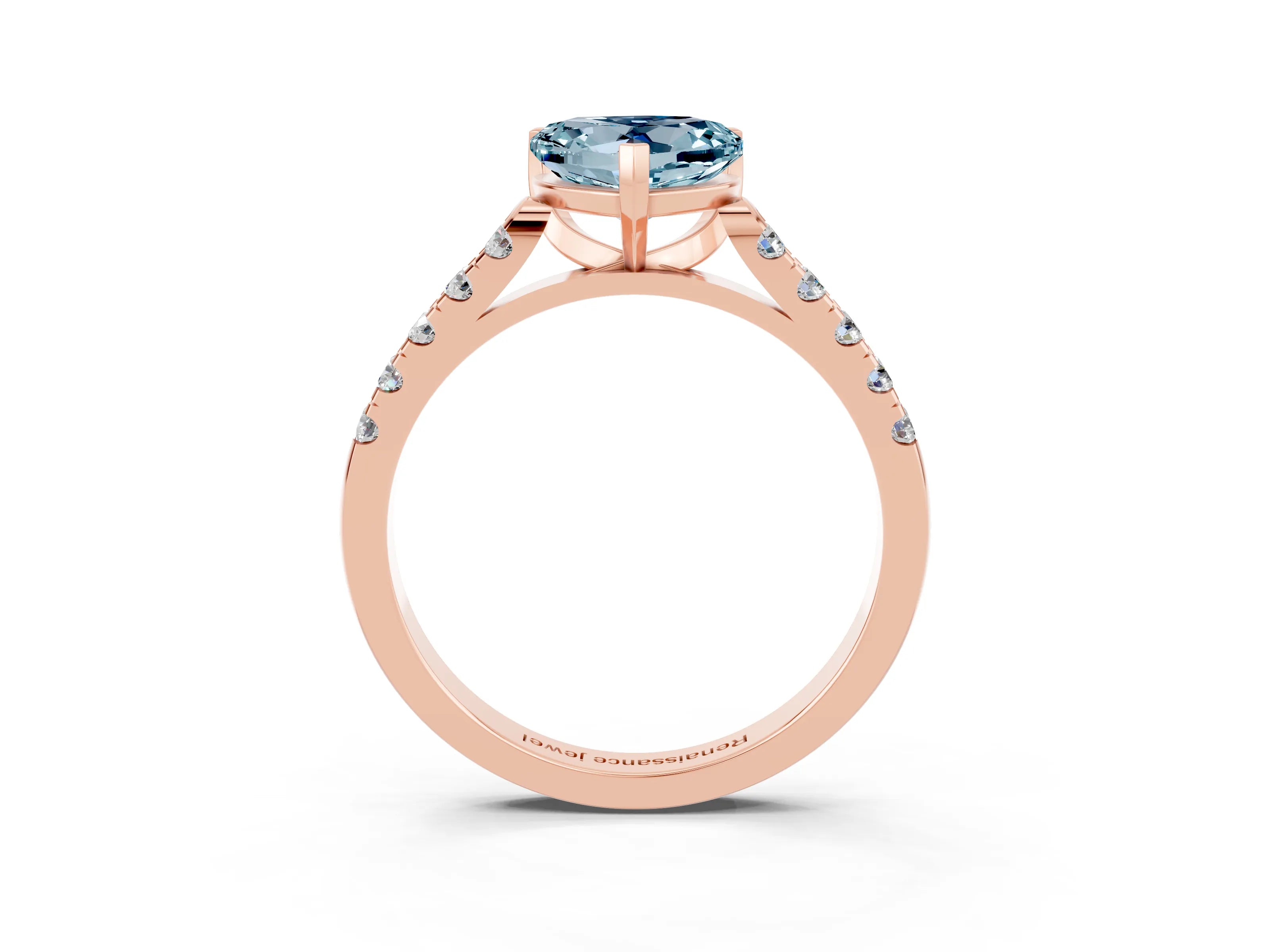 Rose gold {shape_name} Aquamarine Solitaire Ring with Pavé Band and Four-Prong Setting_3