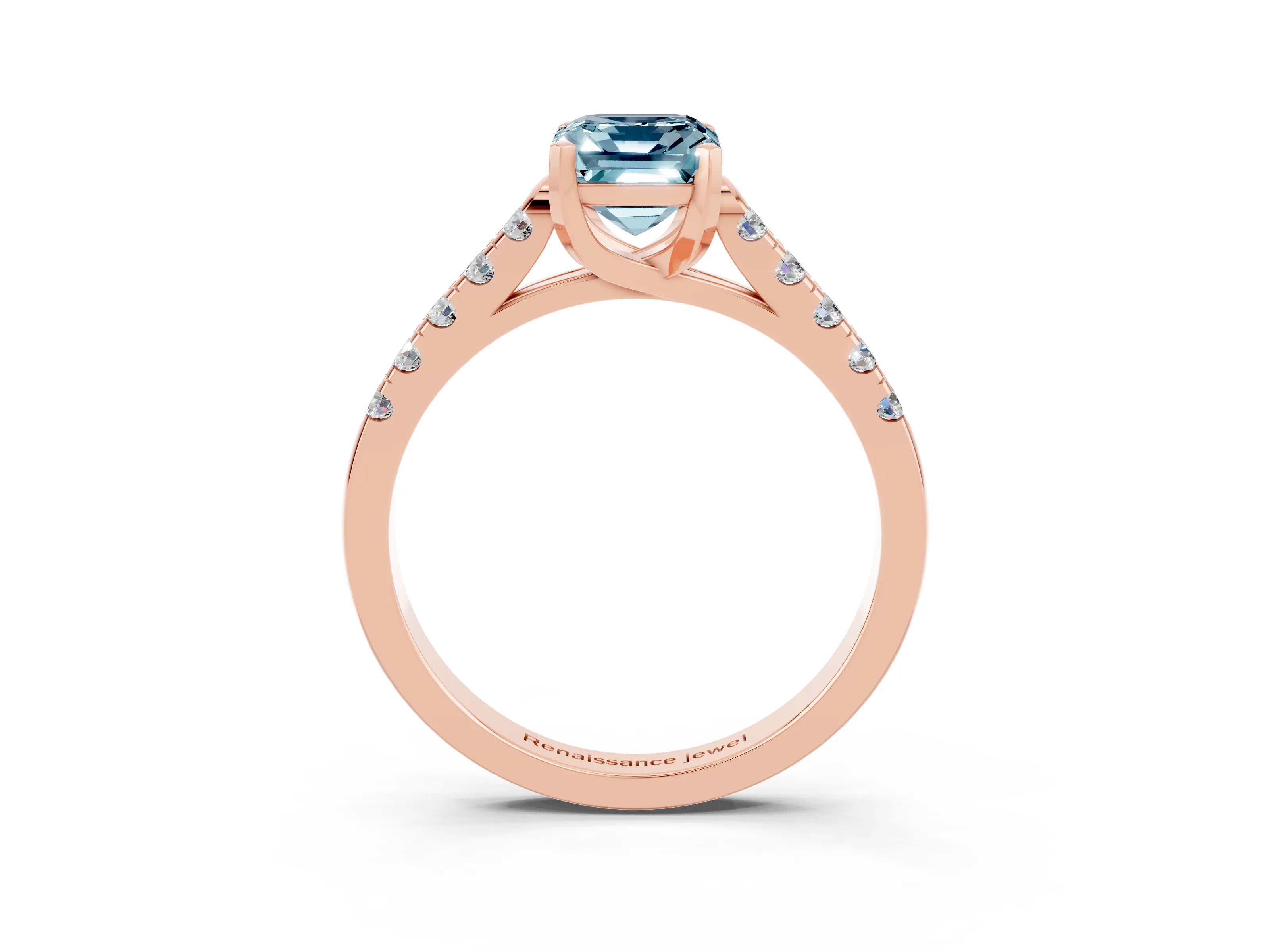 Rose gold {shape_name} Aquamarine Solitaire Ring with Pavé Band and Four-Prong Setting_3