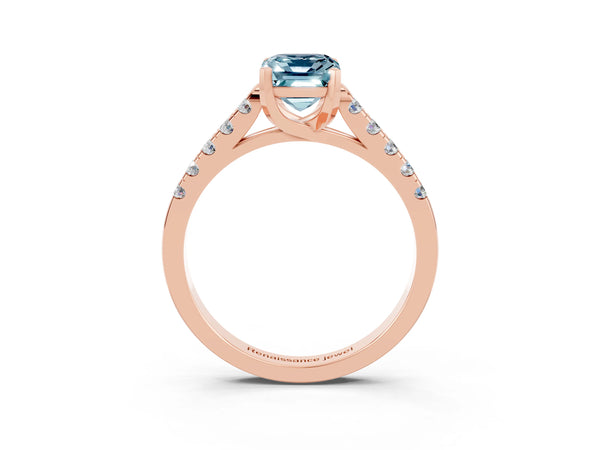 Rose gold Emerald Cut Aquamarine Pavé Band Solitaire Ring with Prong Setting