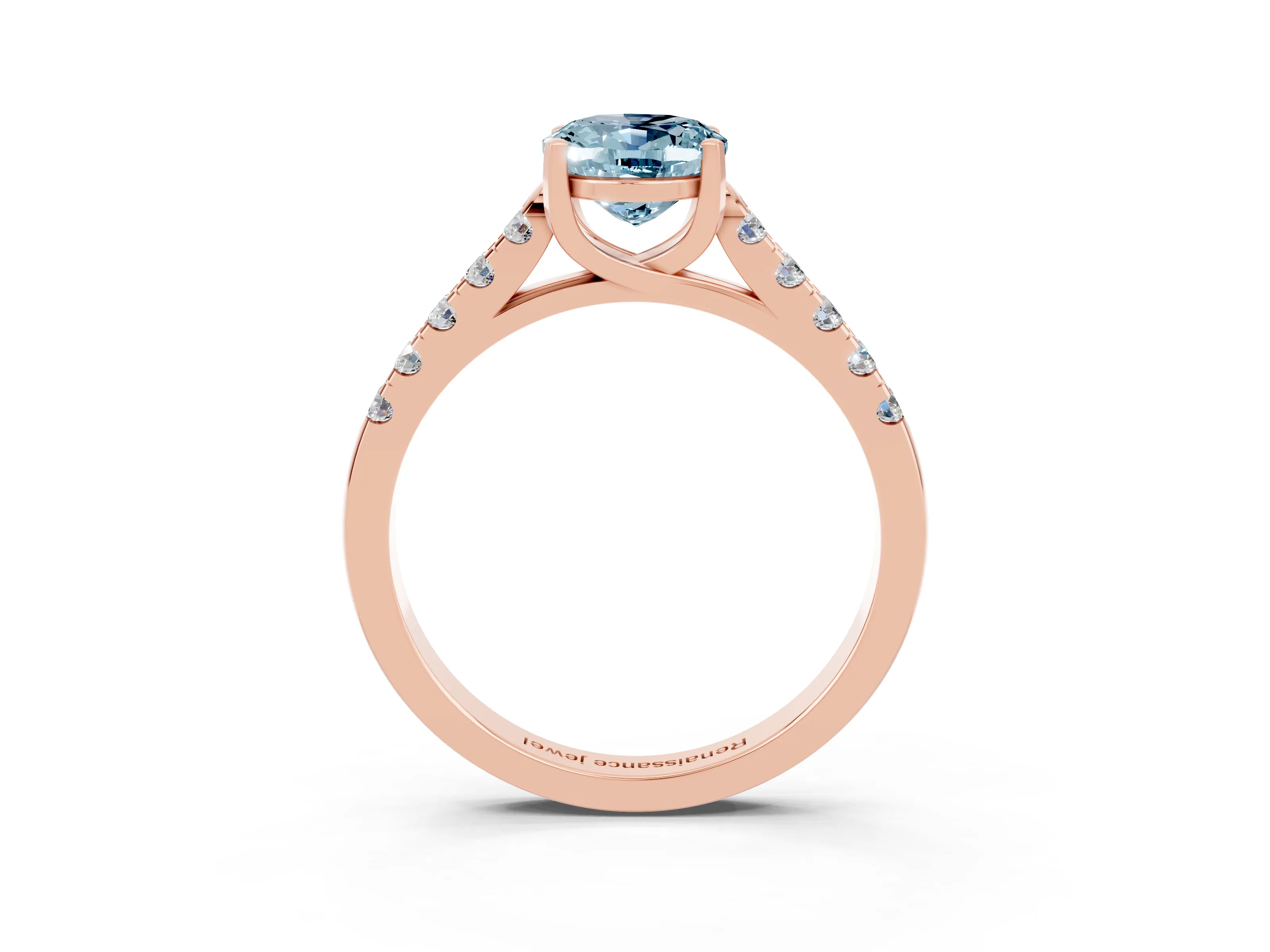 Rose gold {shape_name} Aquamarine Solitaire Ring with Pavé Band and Four-Prong Setting_3