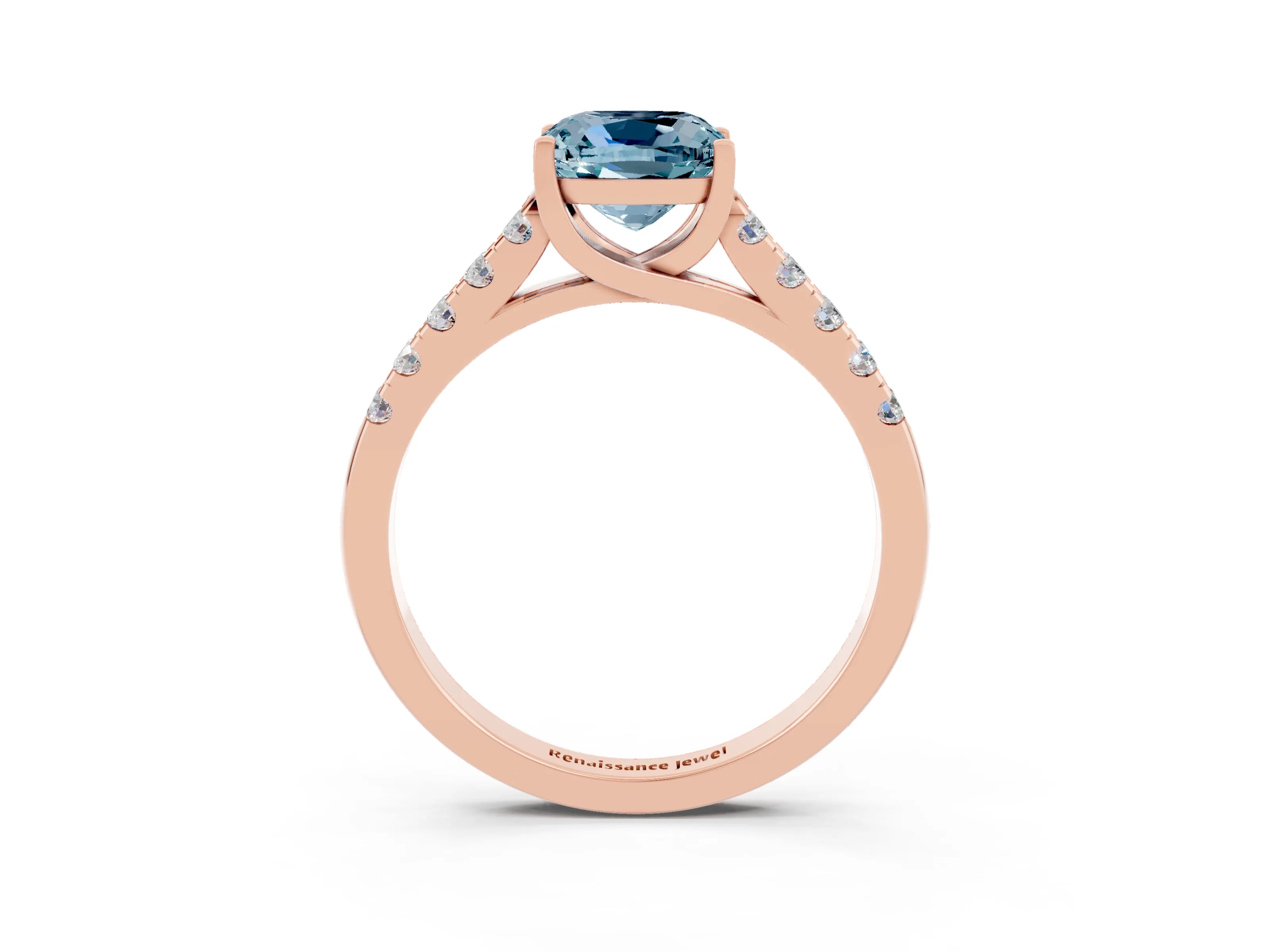 Rose gold {shape_name} Aquamarine Solitaire Ring with Pavé Band and Four-Prong Setting_3