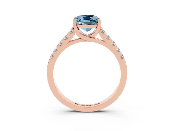 Rose gold Cushion Cut Aquamarine Pavé Band Solitaire Ring with Prong Setting