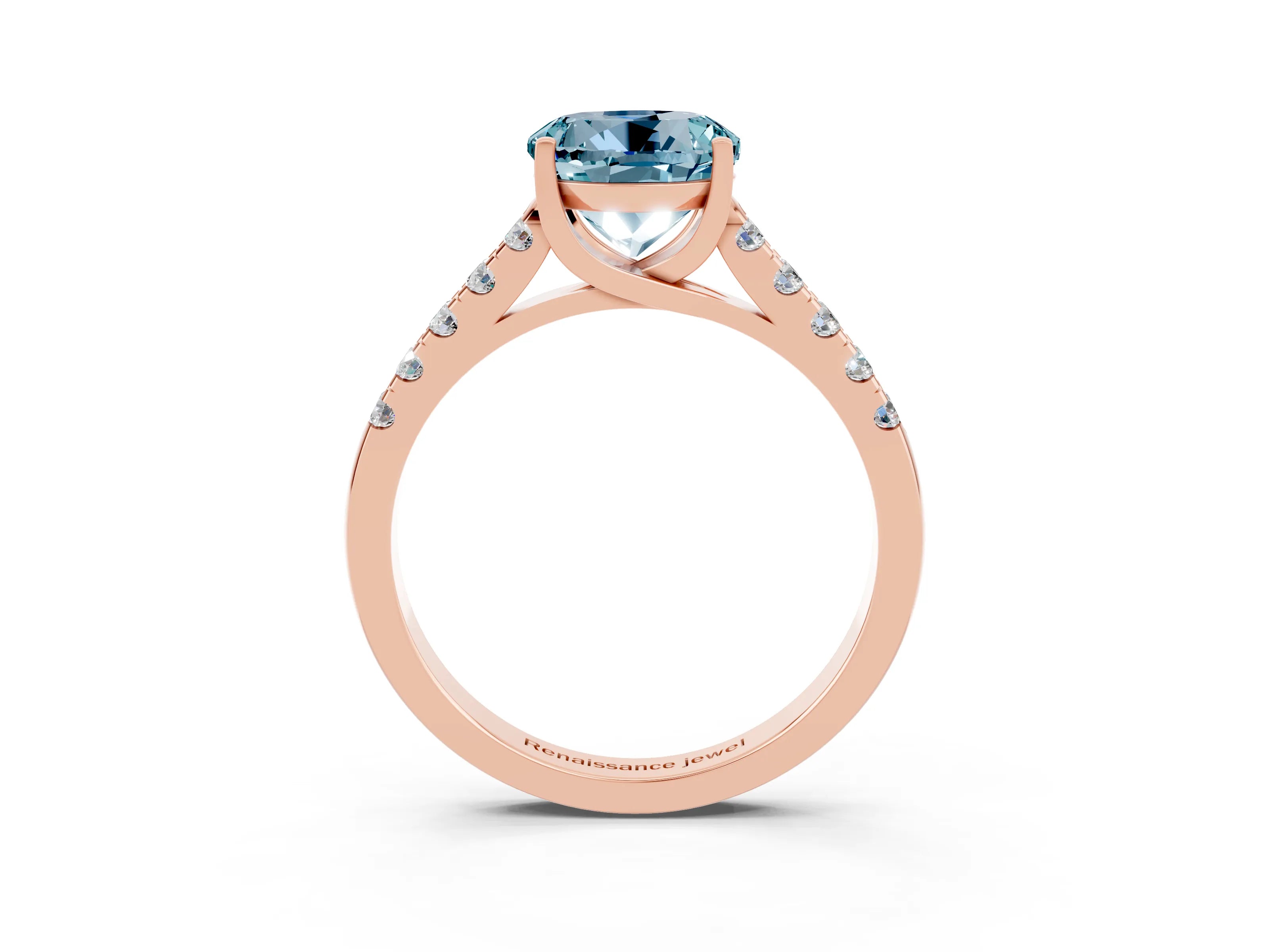 Rose gold {shape_name} Aquamarine Solitaire Ring with Pavé Band and Four-Prong Setting_3